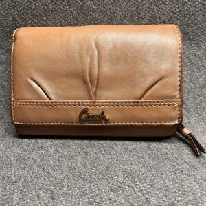 Coach Leather Trifold Wallet Brown Signature Logo Snap Closure Coin Pocket